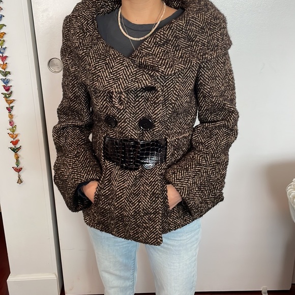Zara Herringbone wool Jacket with faux snake skin belt and styled lapels. Small - Picture 1 of 9